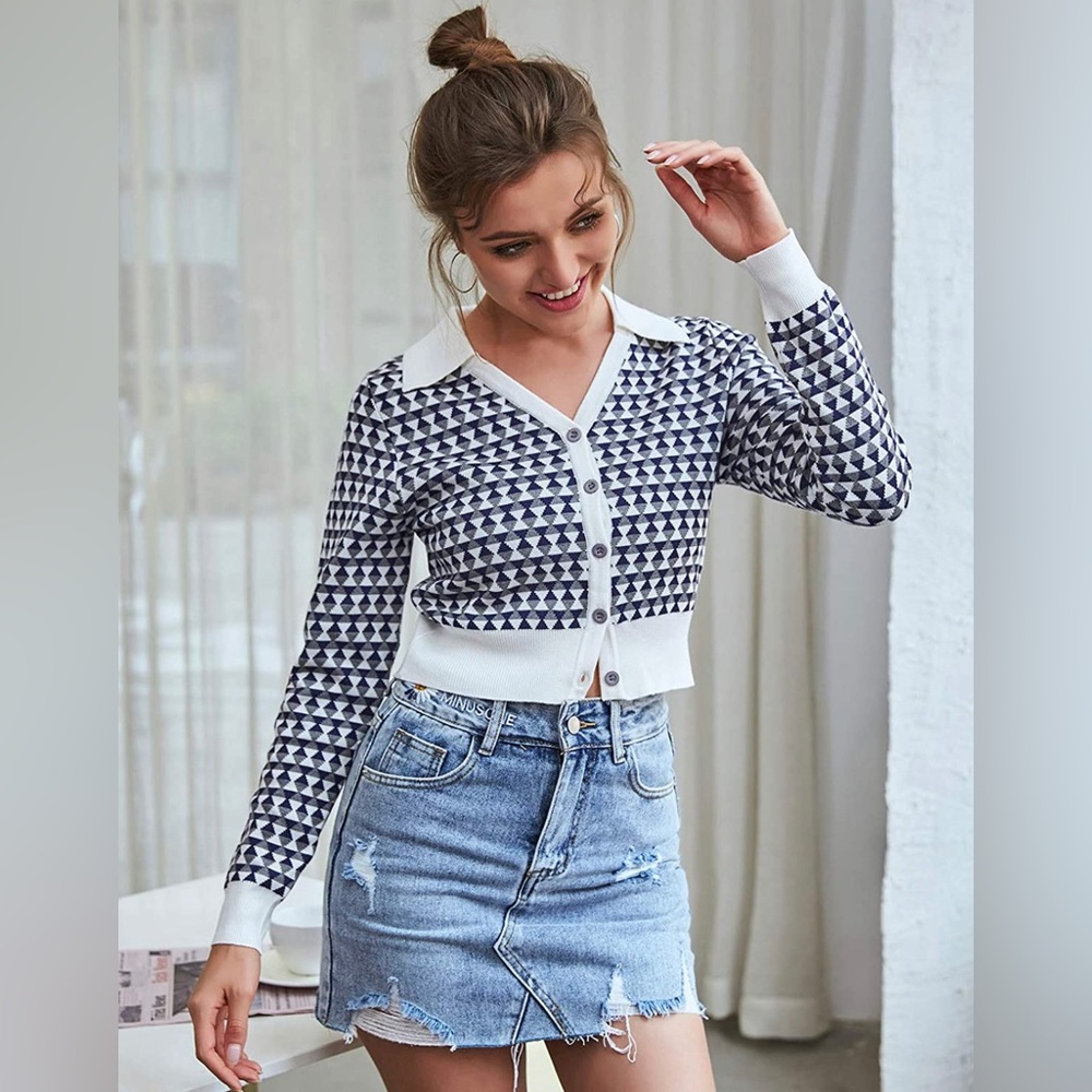 Long Sleeve Cropped Cardigan Tops Polo Collar Button Down Sweaters